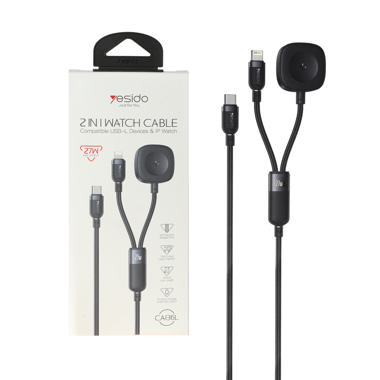 کابل شارژ 1.2 متری فست Type-C to Lightning و شارژر وایرلس Yesido مدل CA136L 27W - مشکی (گارانتی 18 ماه تعویض نیکان همراه)